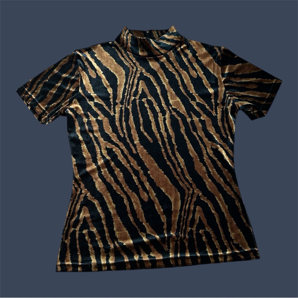 VINTAGE Jonden by Linda Leal Velour Tiger Print Mockneck 90’s Top Turtleneck